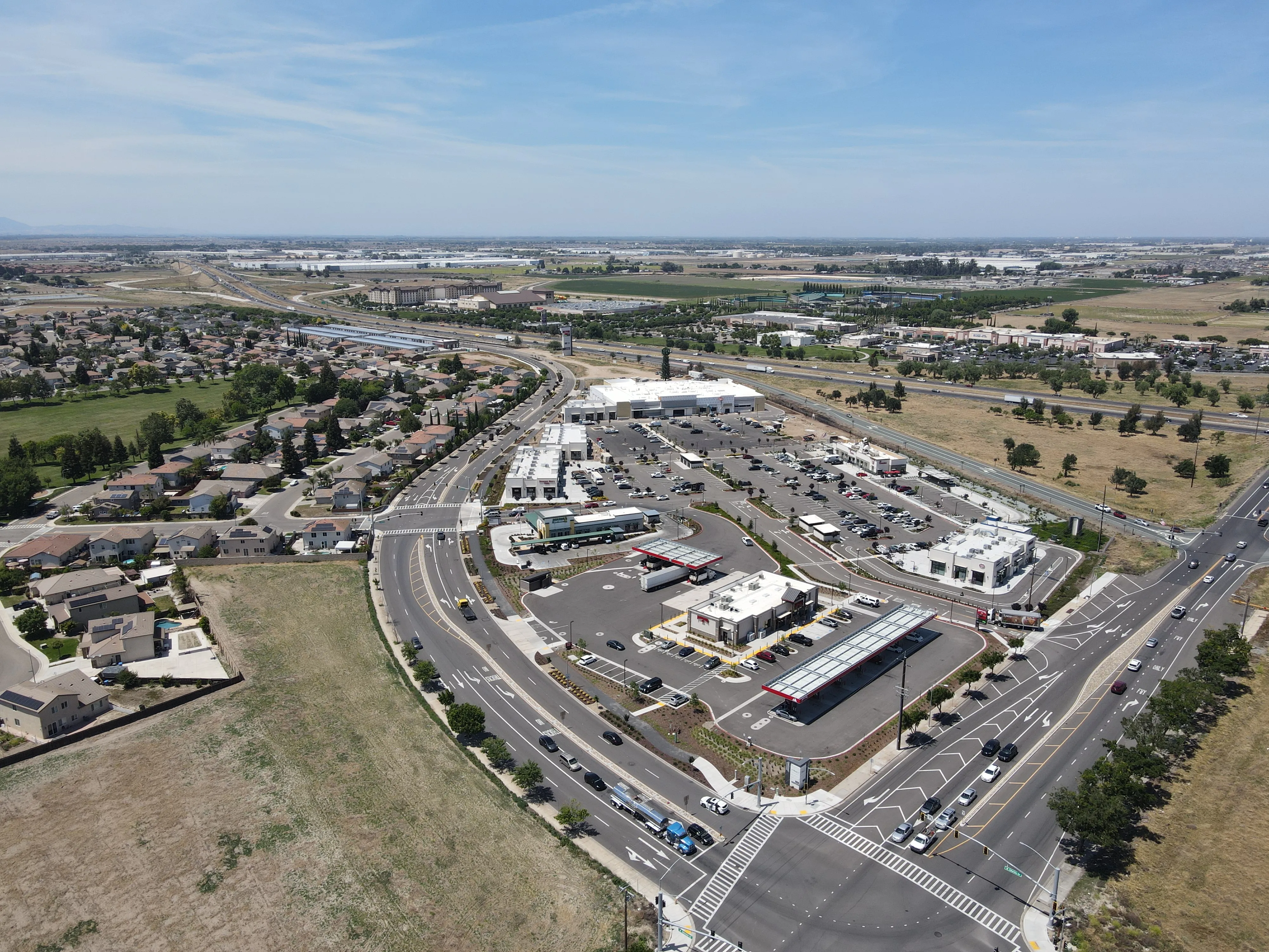 Aerial view of Manteca Crossing looking across the center toward Highway 120