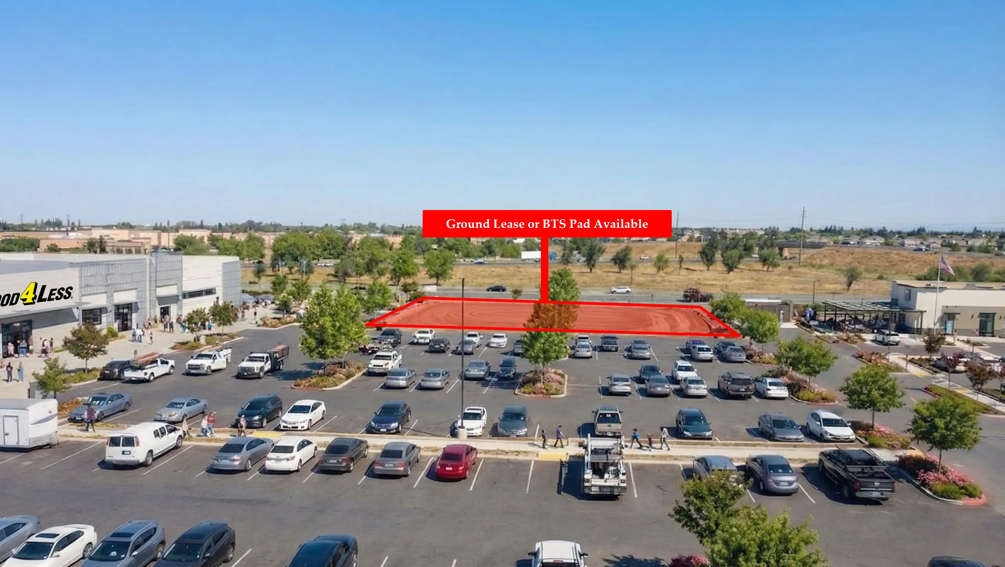 Aerial view of the Shops F pad at Manteca Crossing, adjacent to Food 4 Less