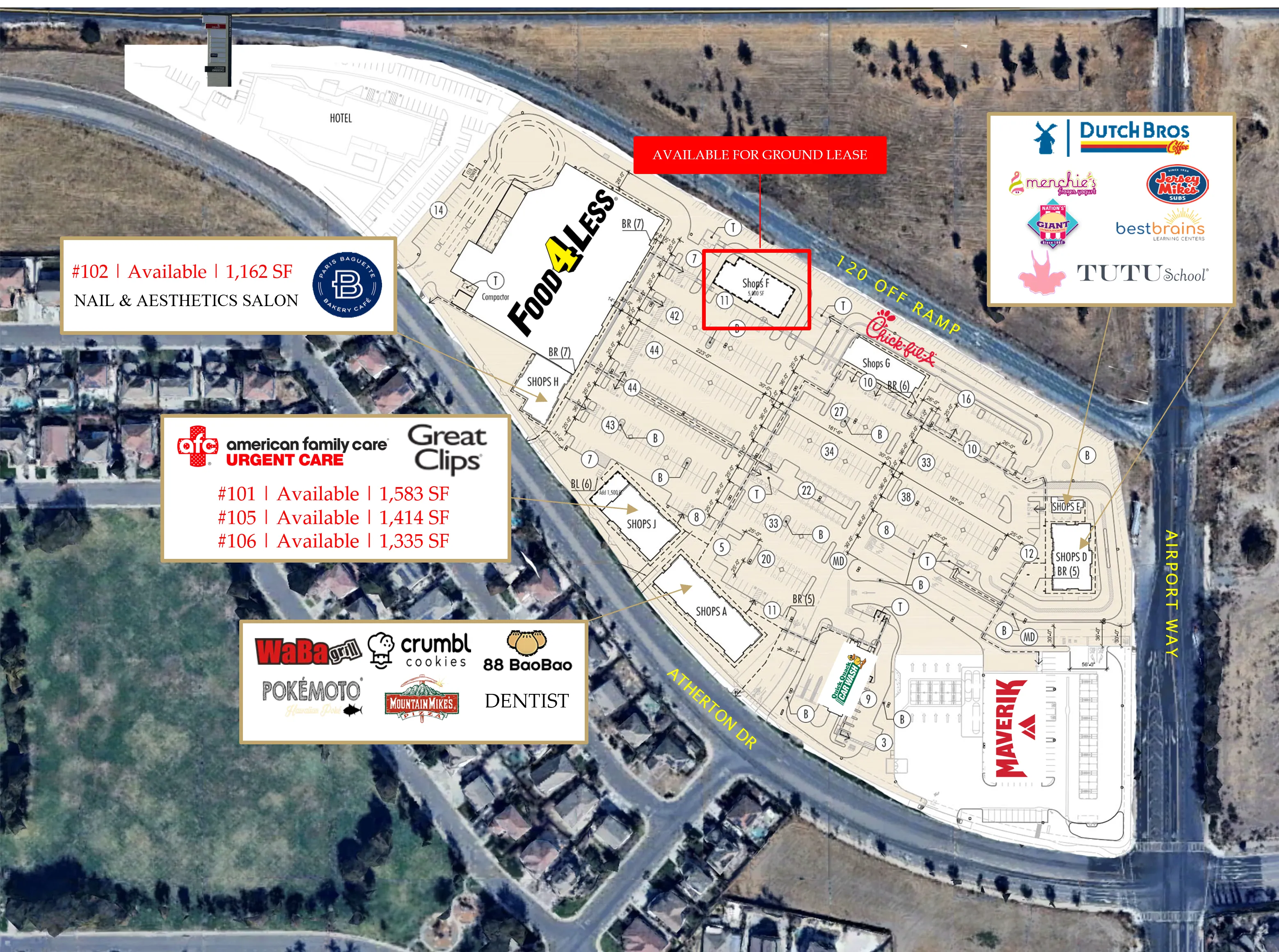 Site map of Manteca Crossing showing current tenants, available suites, and the Shops F ground-lease pad